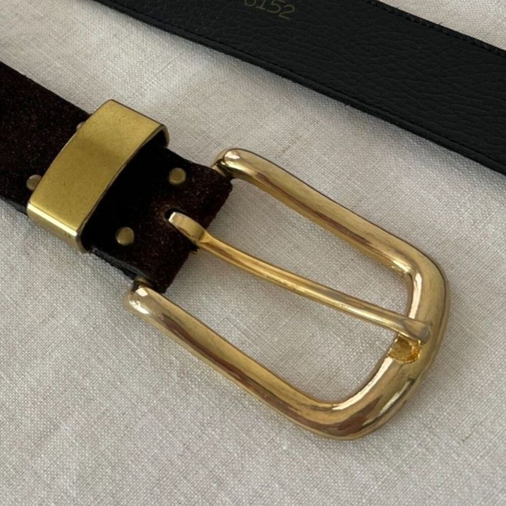 90s/Y2K Chocolate Brown Suede Belt Large Polished Gold-Tone Buckle Fits Size M/L - Picture 3 of 11